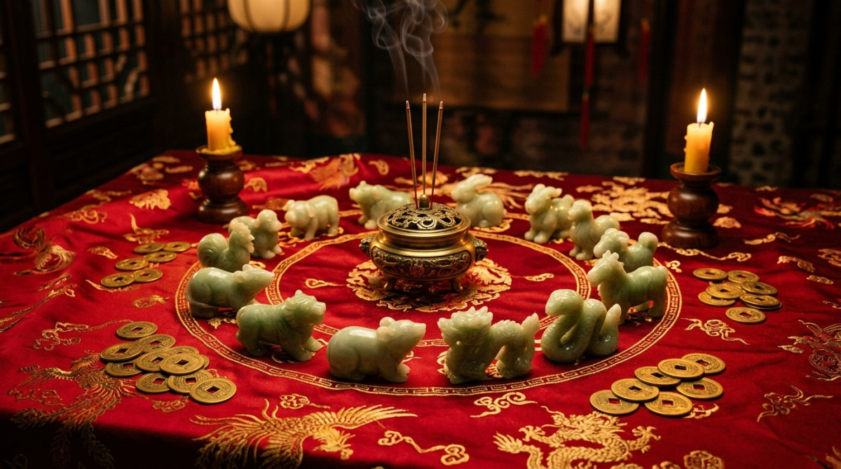Elegant Chinese astrology scene with jade zodiac animals arranged in a circle on a red silk cloth, g