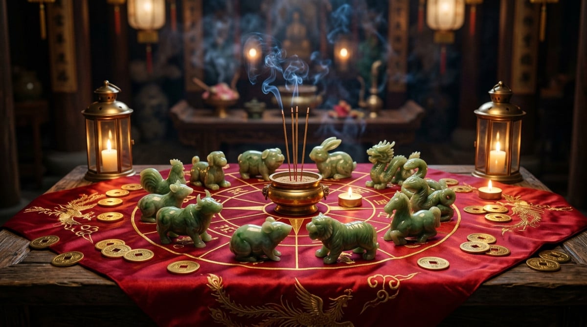 Elegant Chinese astrology scene with jade zodiac animals arranged in a circle on a red silk cloth, g
