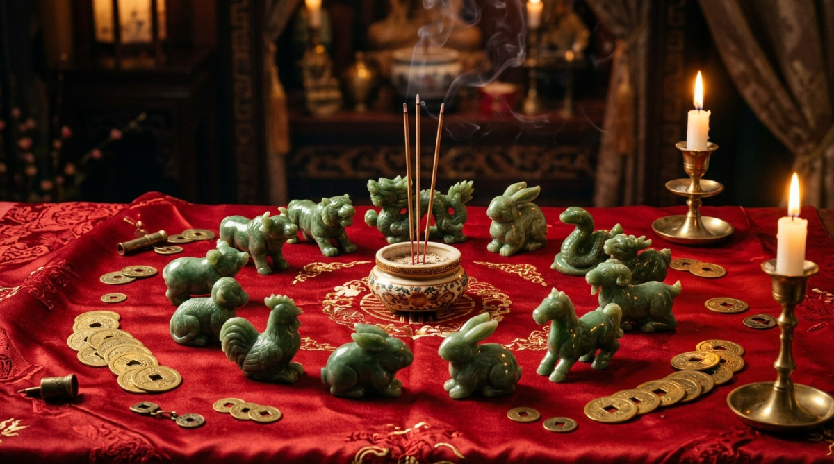 Elegant Chinese astrology scene with jade zodiac animals arranged in a circle on a red silk cloth, g
