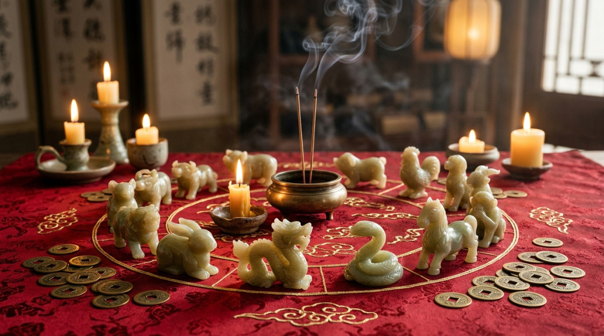 Elegant Chinese astrology scene with jade zodiac animals arranged in a circle on a red silk cloth, g