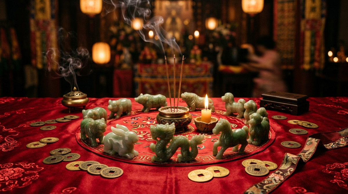 Elegant Chinese astrology scene with jade zodiac animals arranged in a circle on a red silk cloth, g