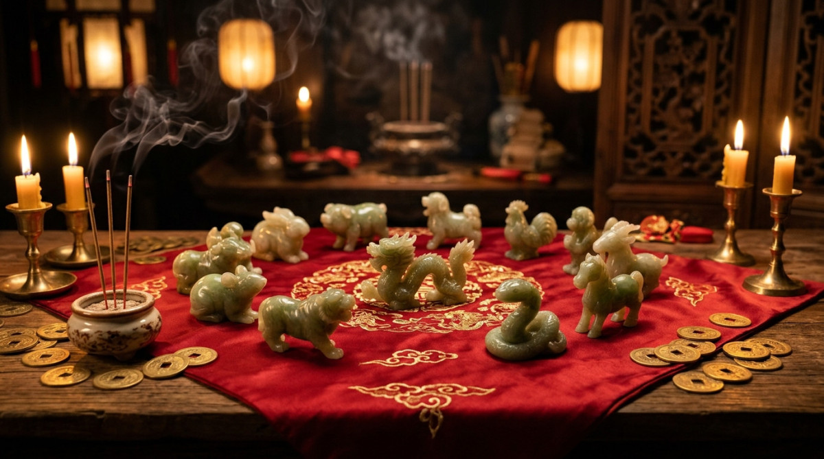 Elegant Chinese astrology scene with jade zodiac animals arranged in a circle on a red silk cloth, g