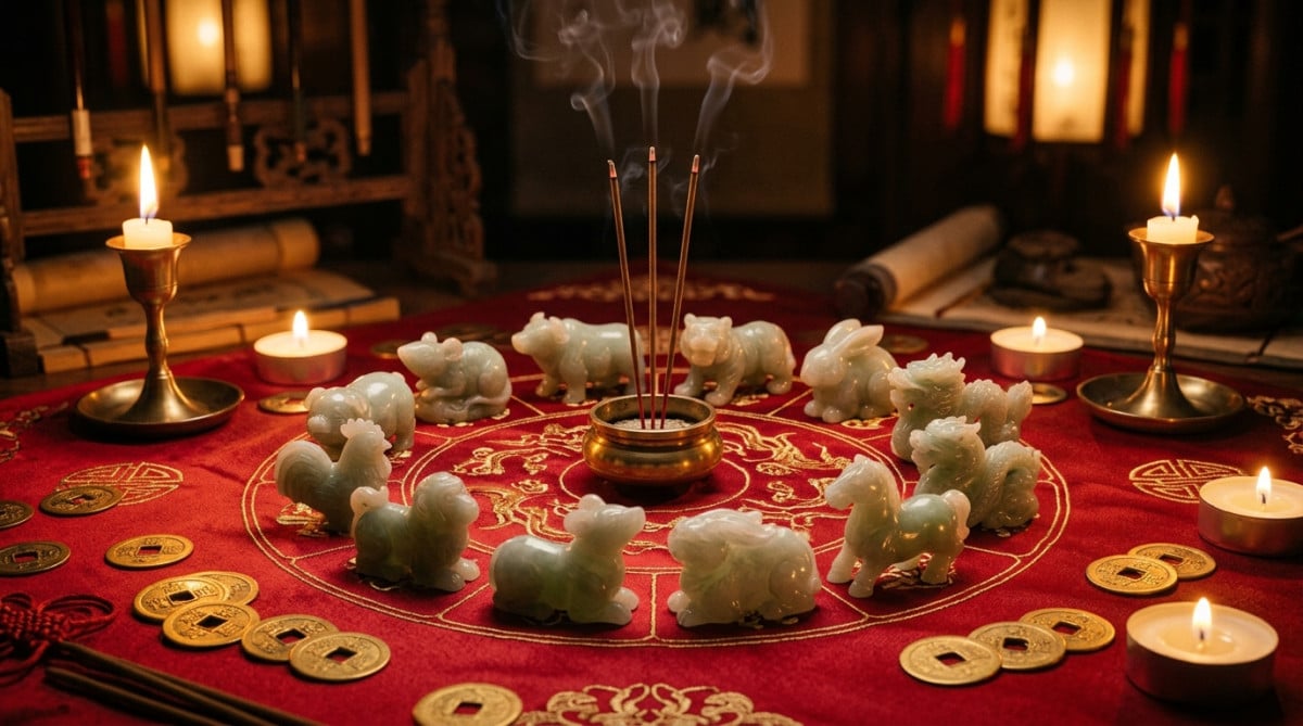 Elegant Chinese astrology scene with jade zodiac animals arranged in a circle on a red silk cloth, g