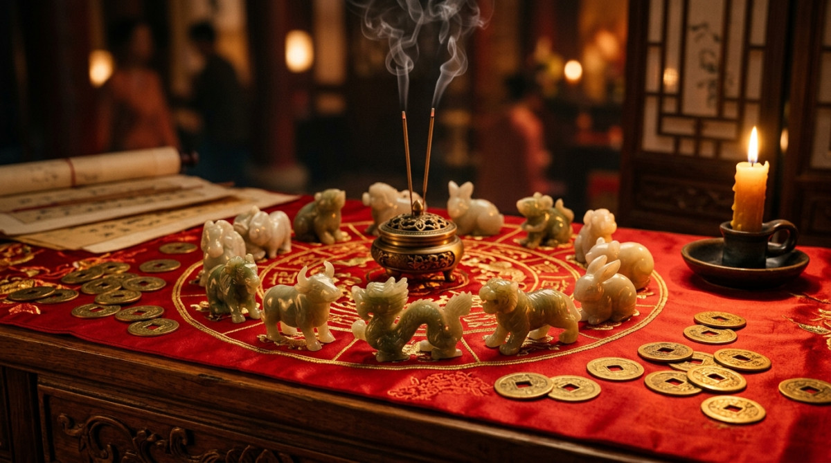 Elegant Chinese astrology scene with jade zodiac animals arranged in a circle on a red silk cloth, g