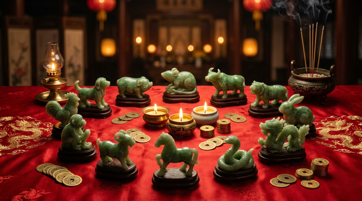 Elegant Chinese astrology scene with jade zodiac animals arranged in a circle on a red silk cloth, g