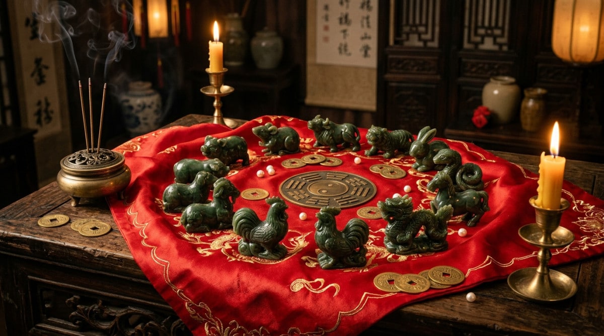 Elegant Chinese astrology scene with jade zodiac animals arranged in a circle on a red silk cloth, g
