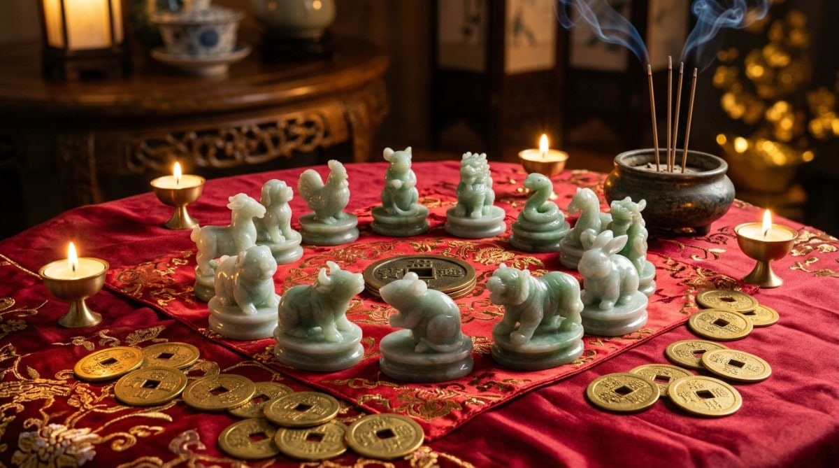 Elegant Chinese astrology scene with jade zodiac animals arranged in a circle on a red silk cloth, g