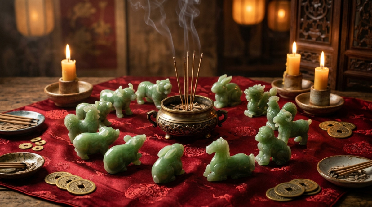 Elegant Chinese astrology scene with jade zodiac animals arranged in a circle on a red silk cloth, g