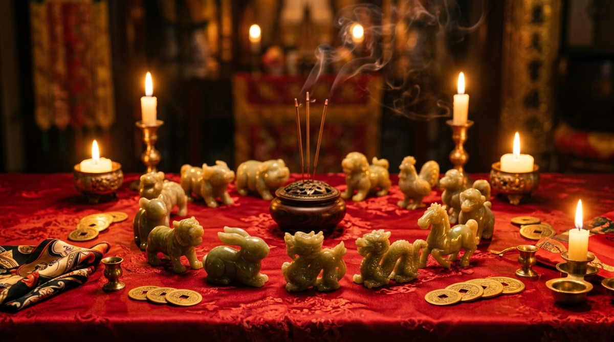 Elegant Chinese astrology scene with jade zodiac animals arranged in a circle on a red silk cloth, g