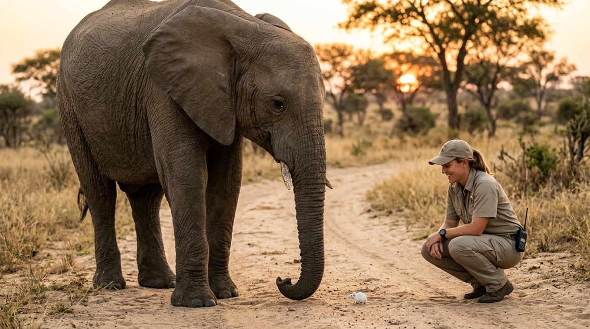 Éléphant observant une petite souris blanche au sol