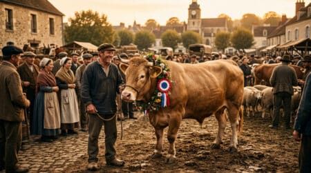 Éleveur et bœuf gras au concours de Poissy en 1844