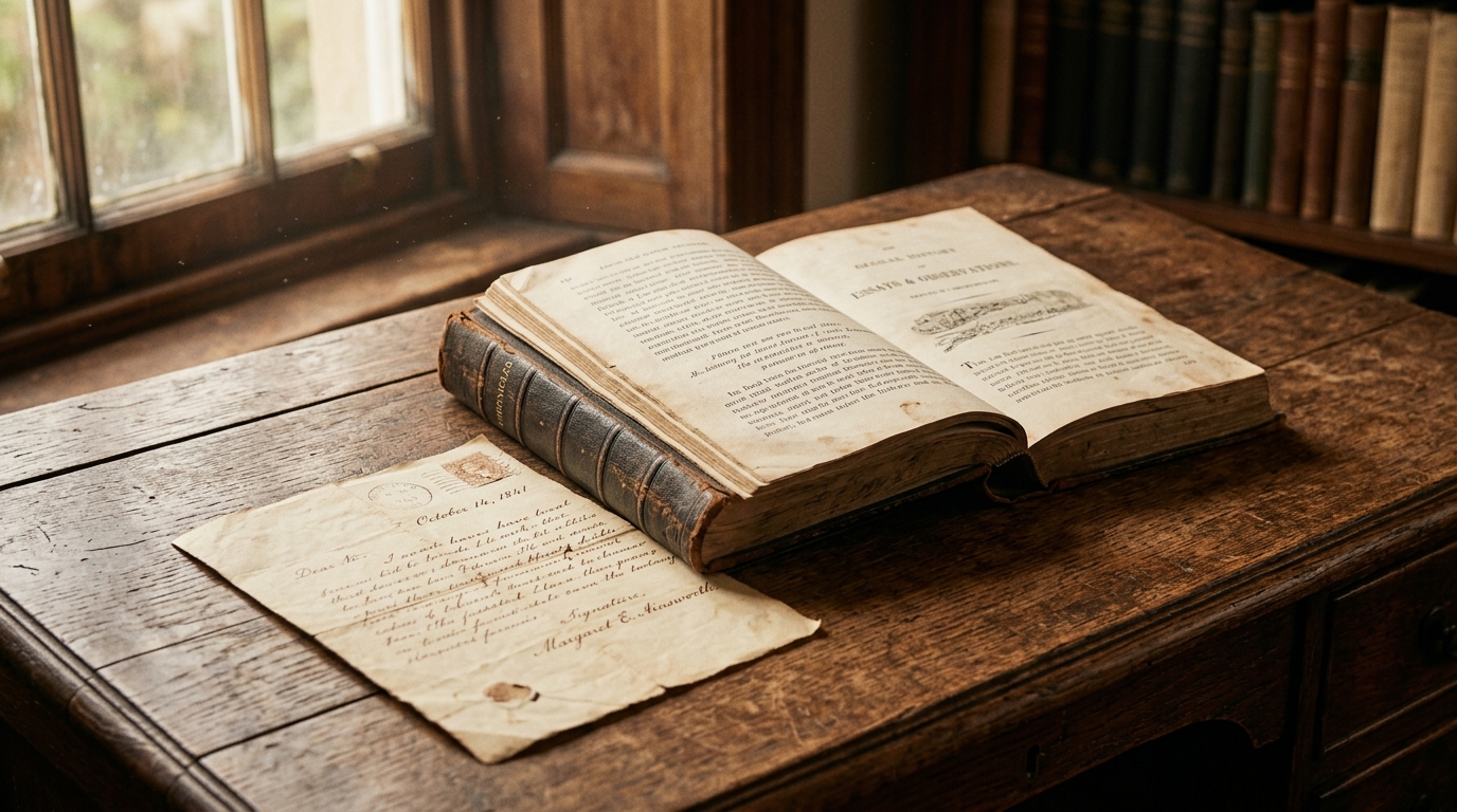 Livre ancien ouvert posé sur un bureau en bois à côté d'une vieille lettre jaunie