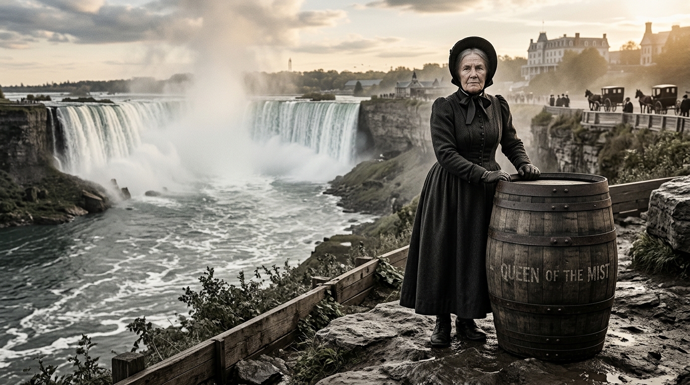 Annie Edson Taylor devant son tonneau en chêne près du Niagara