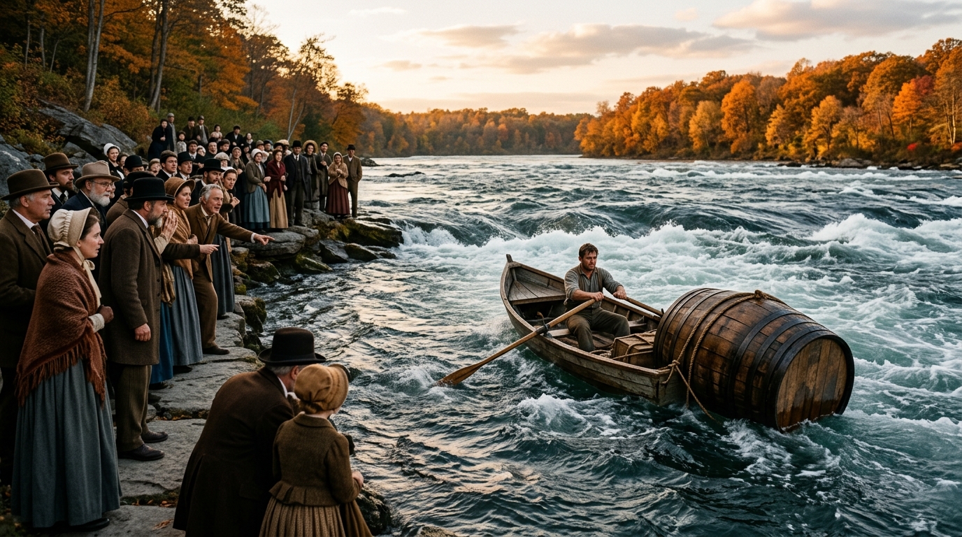 Un tonneau remorqué vers le milieu du fleuve Niagara en 1901