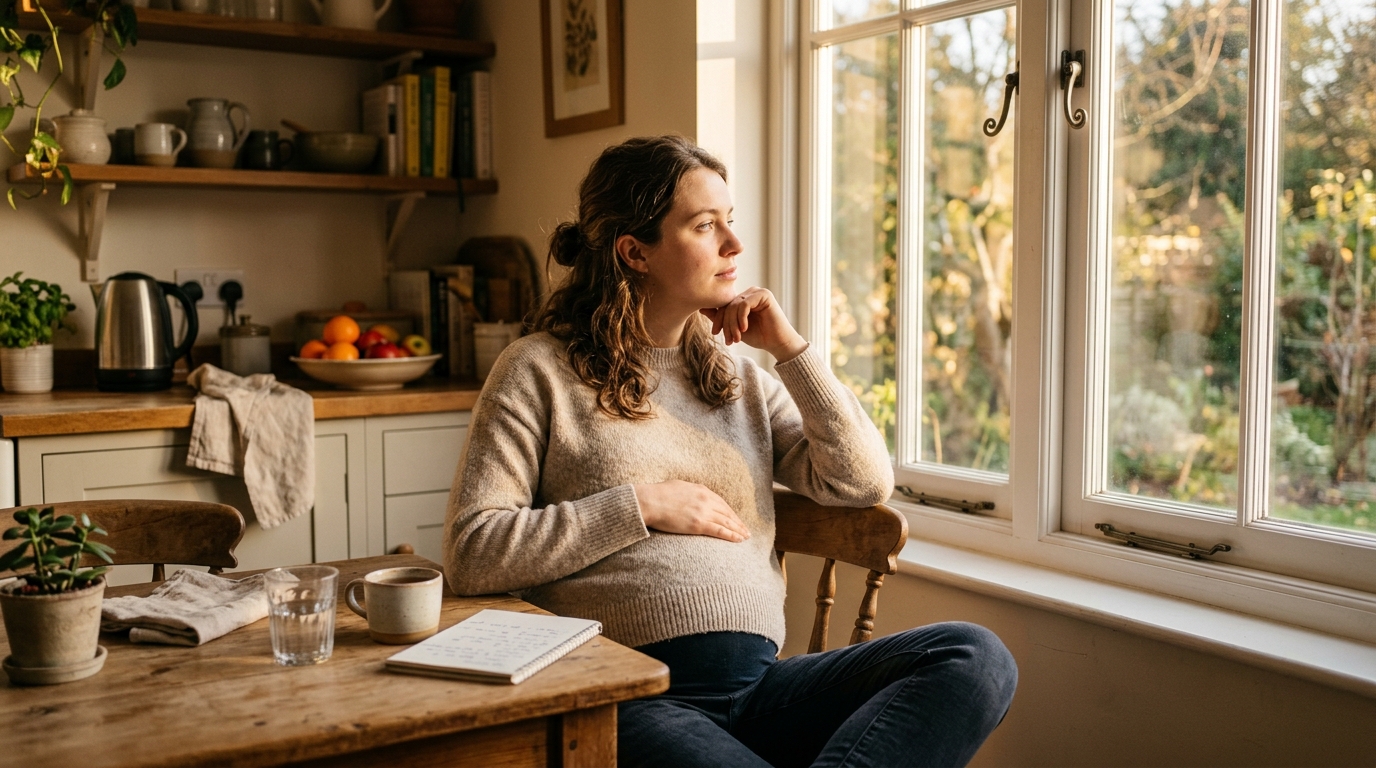 Femme enceinte pensive à une table de cuisine