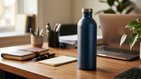 Bouteille d'eau sur un bureau de bureau rangé