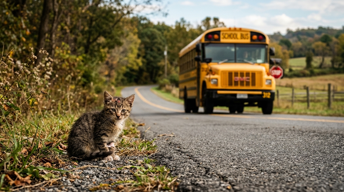Chaton blessé au bord d'une route déserte
