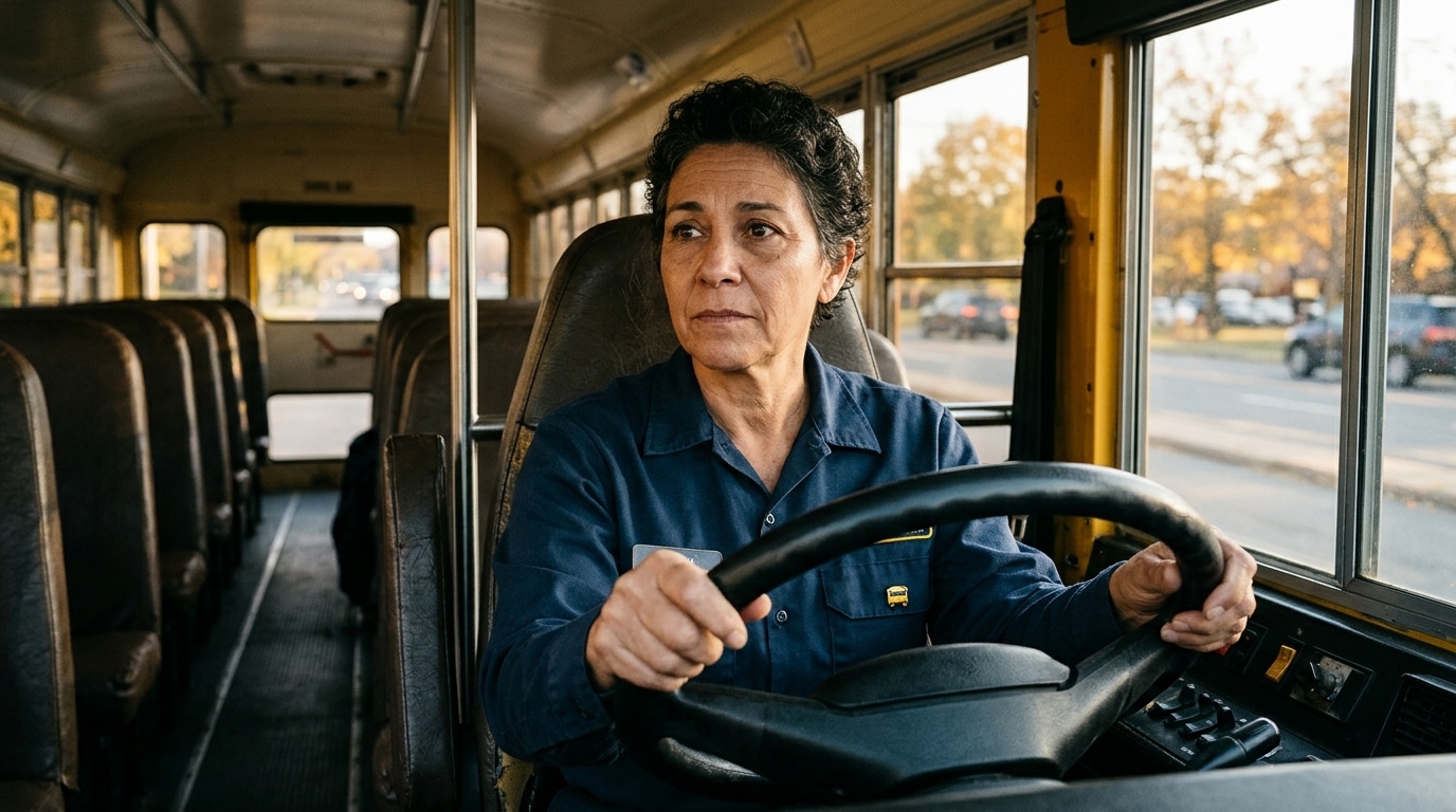 Conductrice de bus scolaire au volant, regard inquiet