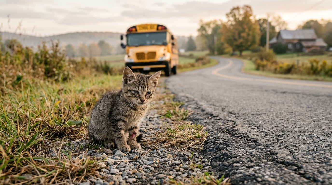 Petit chaton blessé au bord d'une route calme