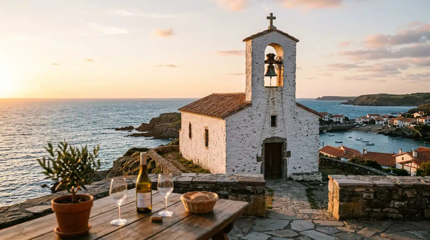 Chapelle blanche avec cloche près d'une terrasse