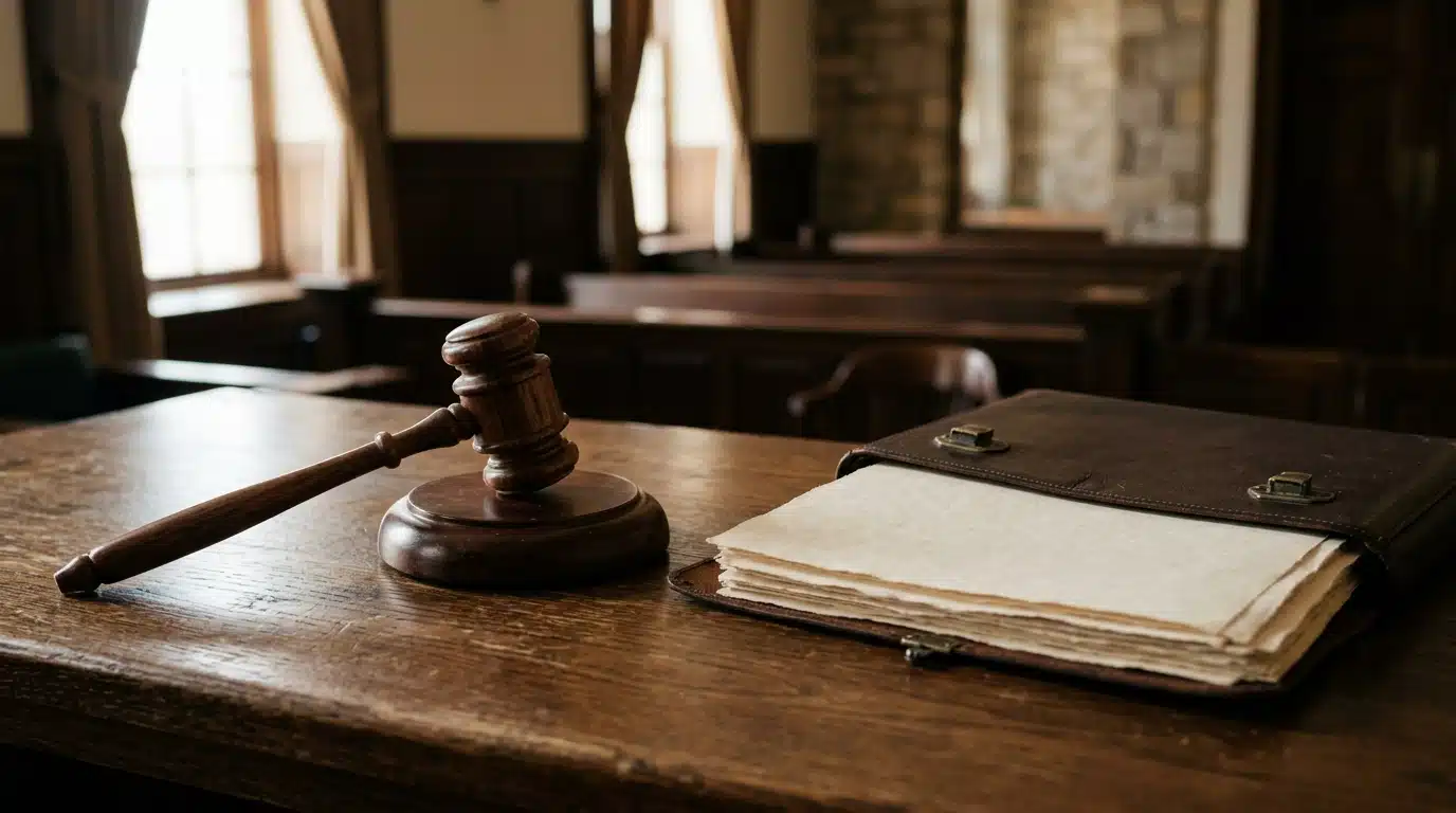 Marteau de juge posé sur un bureau en bois