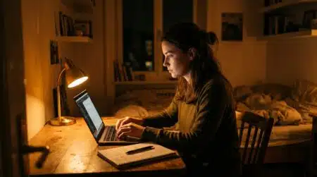 Jeune femme tapant sur son ordinateur la nuit dans sa chambre