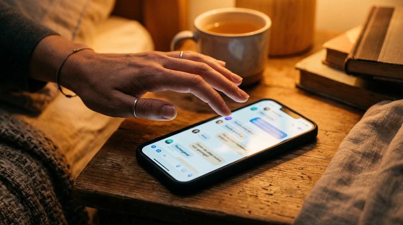 Main hésitante au-dessus d'une conversation de chatbot sur smartphone