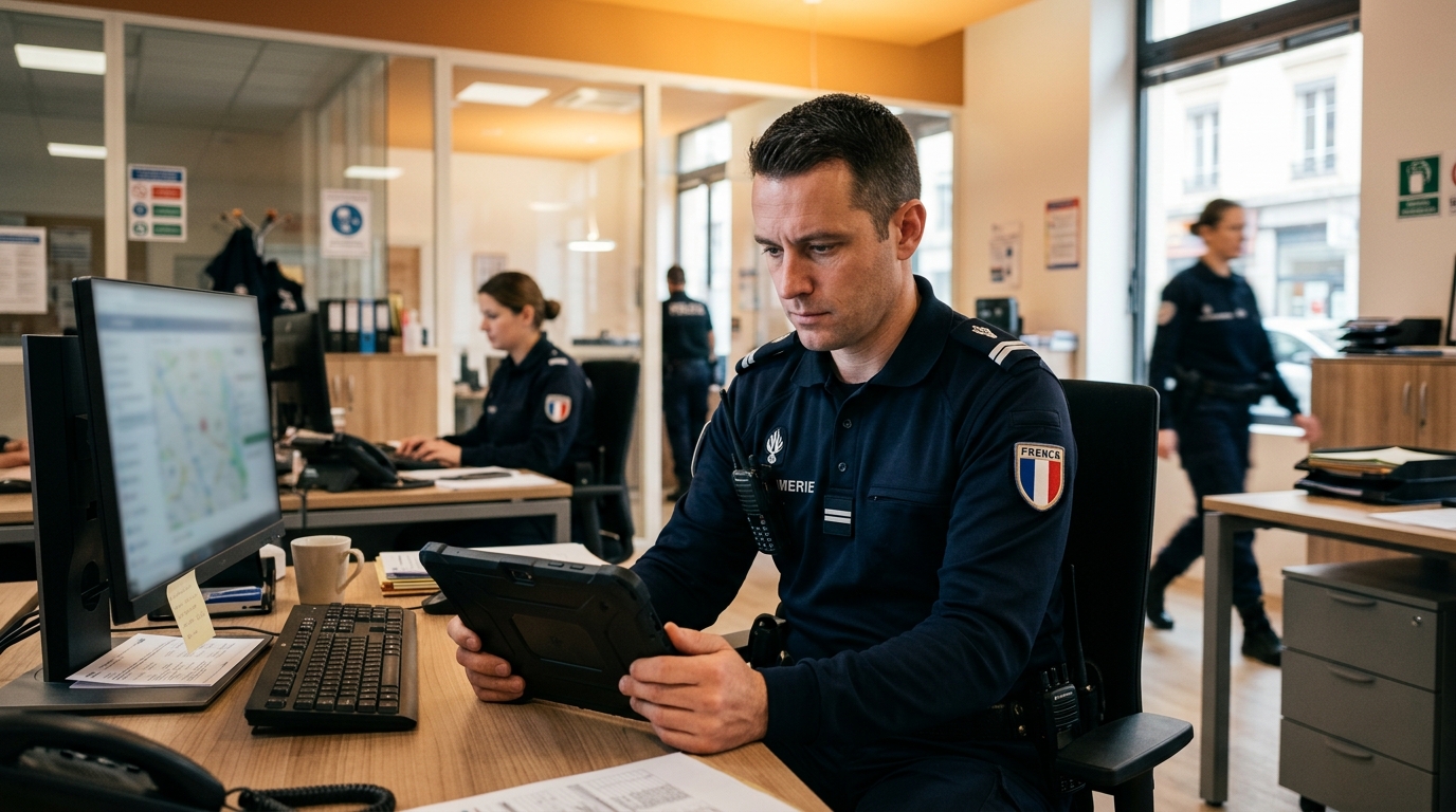 Policier consultant une tablette dans un commissariat