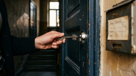 Main tenant une vieille clé devant une serrure neuve