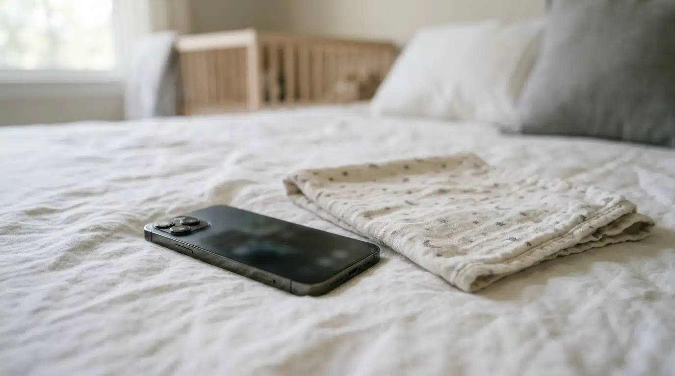 Smartphone posé près d'une petite couverture de bébé
