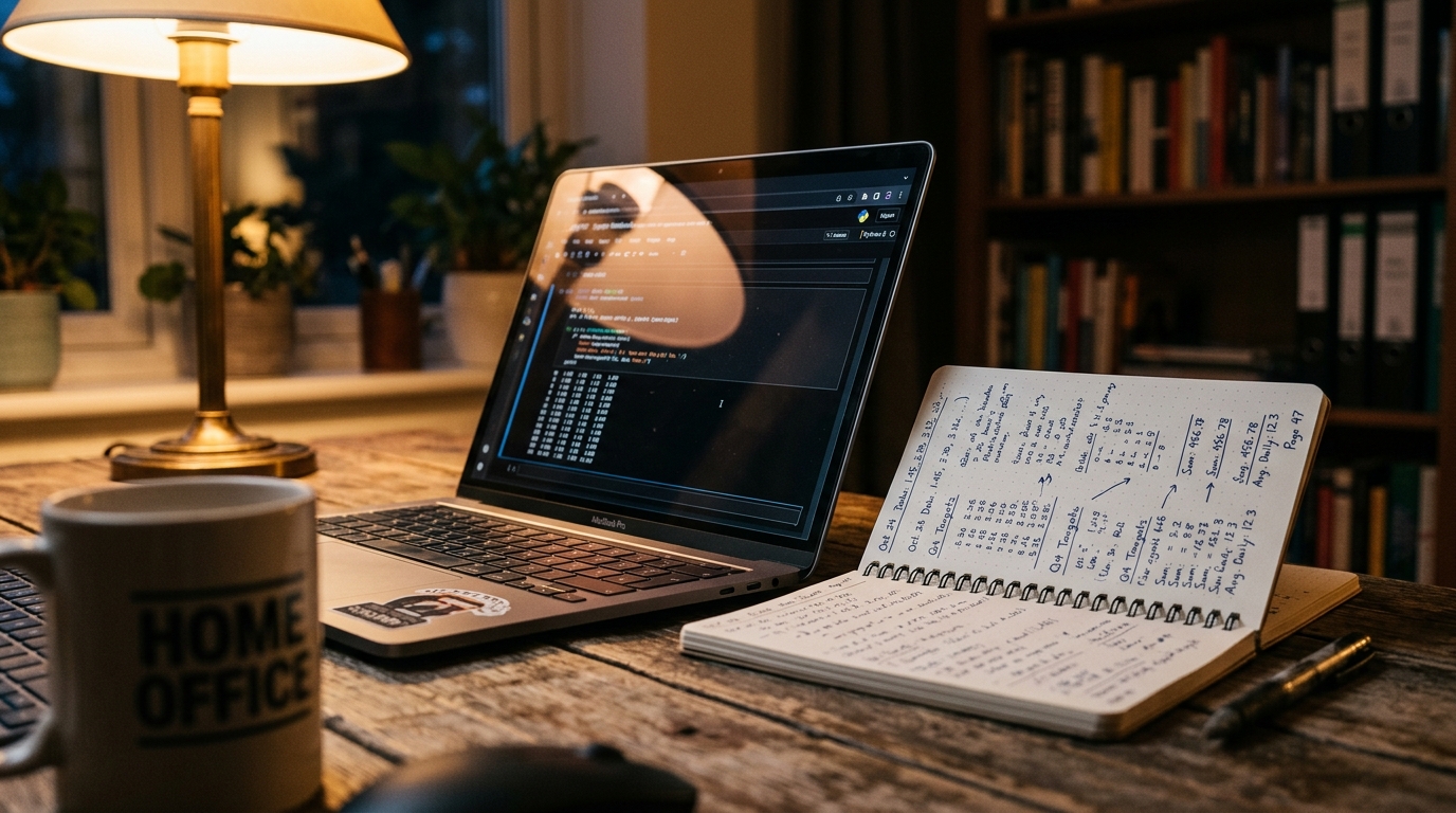 Ordinateur portable et carnet de chiffres dans un bureau sombre