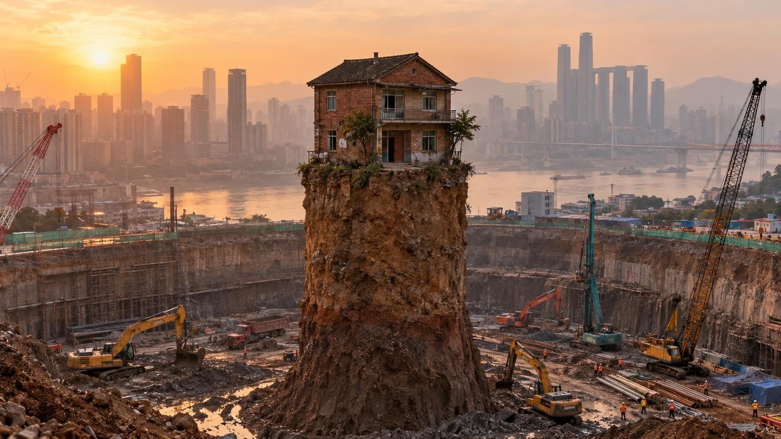 Maison perchée sur un piton de terre au milieu d'un chantier