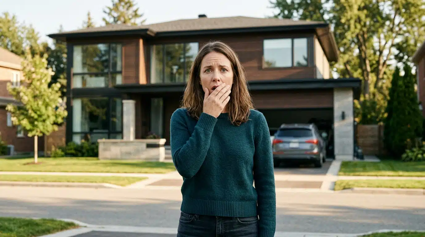 Femme stupéfaite devant sa maison neuve