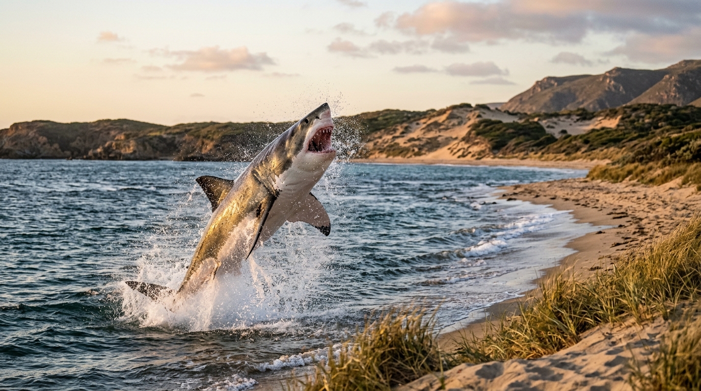 Requin blanc jaillissant de l'océan près d'une plage