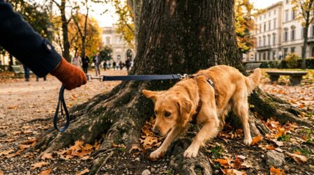 Chienne tirant sur sa laisse au pied d'un arbre