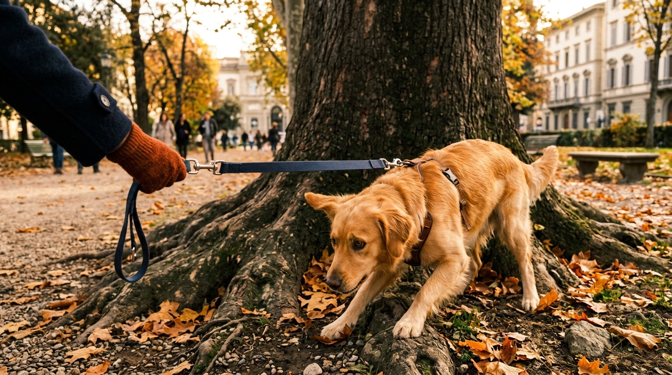 Chienne tirant sur sa laisse au pied d'un arbre