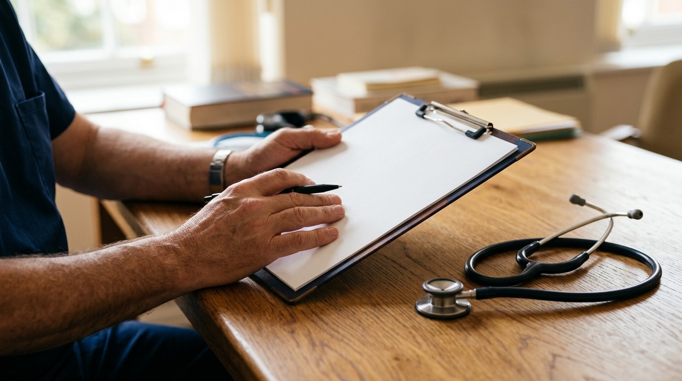 Mains d'un médecin avec stéthoscope sur un bureau
