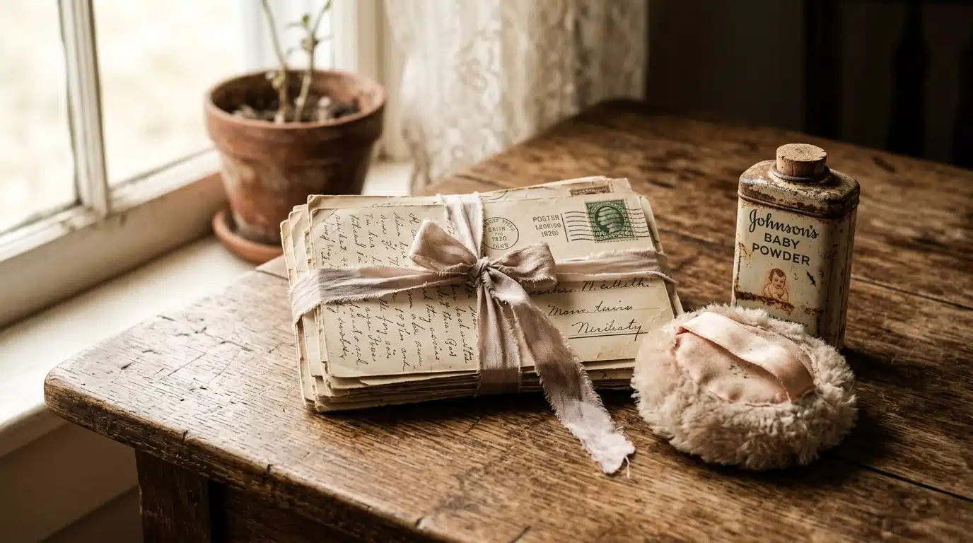 Vieilles lettres de famille et houppette à poudre sur table ancienne