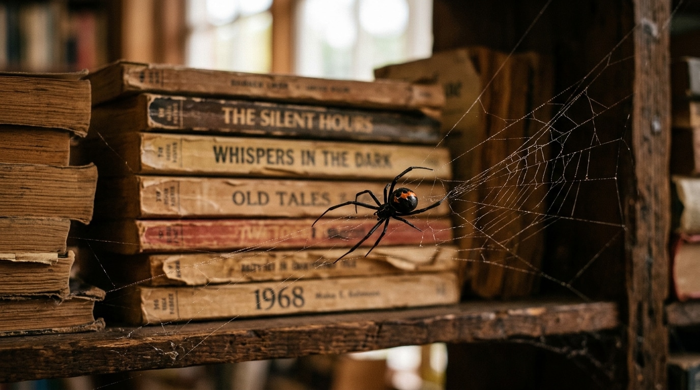 Araignée veuve noire sur sa toile devant des livres