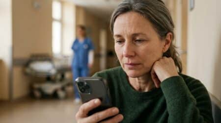 Femme au visage grave tenant son téléphone, couloir d'hôpital flou