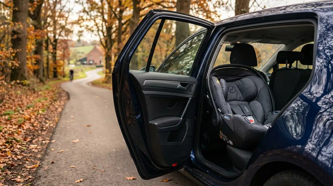Siège-auto bébé vide sur la banquette arrière, route d'automne