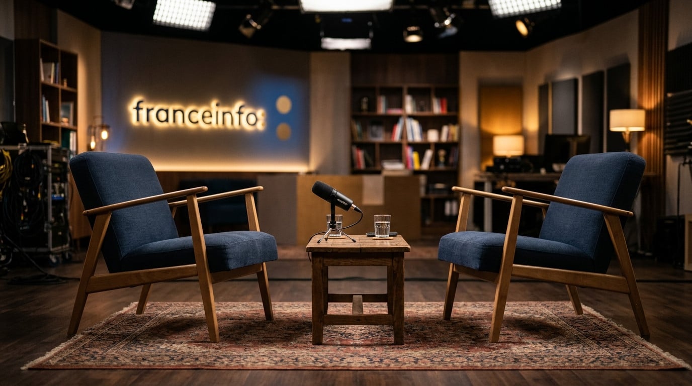 Deux fauteuils vides face à face dans un studio télé