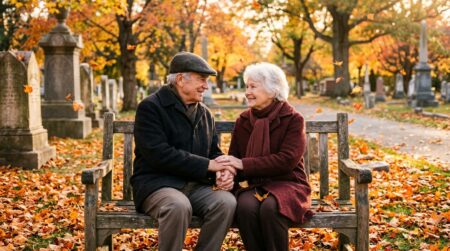 Couple âgé main dans la main dans un cimetière d'automne