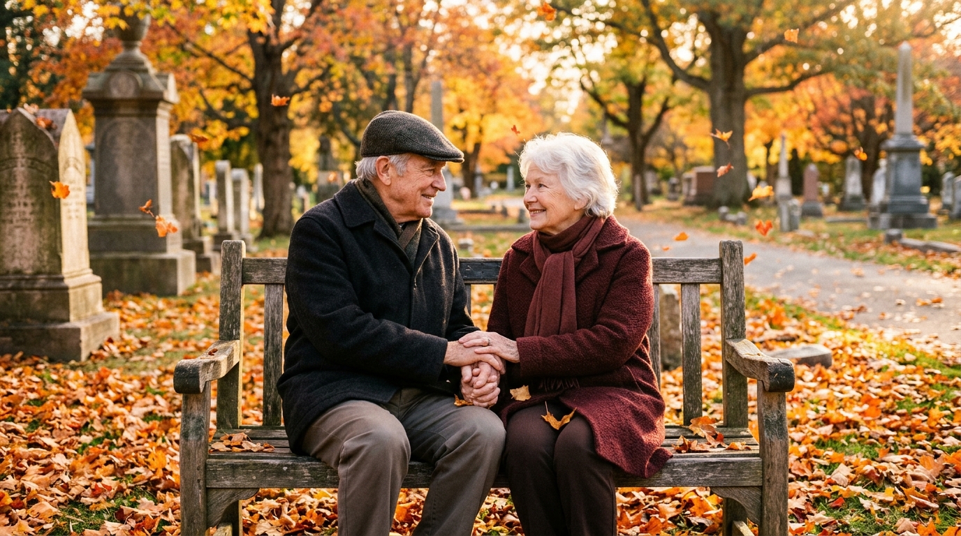 Couple âgé main dans la main dans un cimetière d'automne