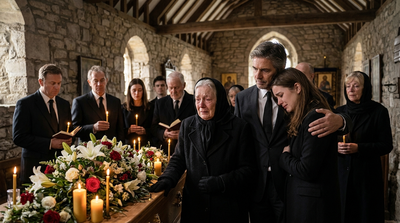 Famille recueillie autour d'un cercueil fleuri dans une église