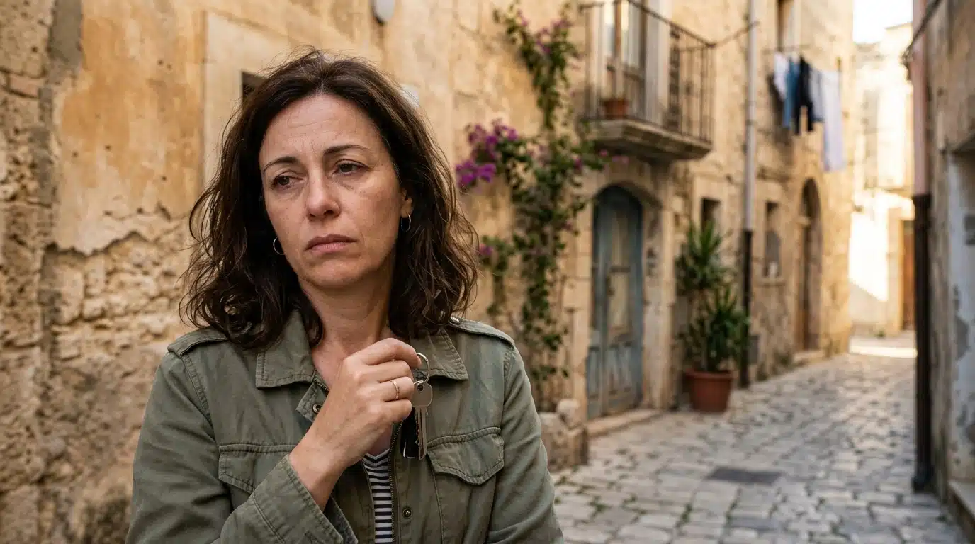 Femme exaspérée, clés en main, devant un immeuble méditerranéen