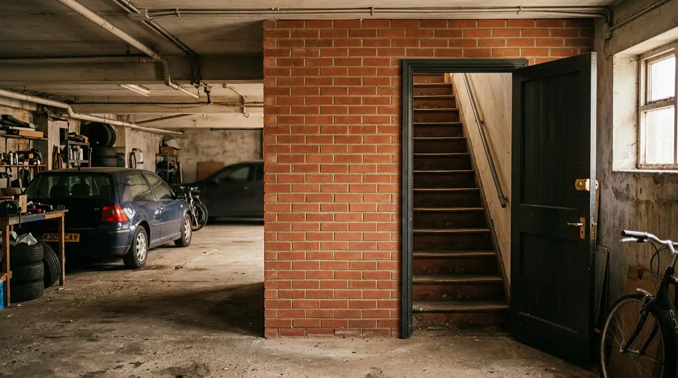 Mur de briques récent divisant un garage commun, porte verrouillée