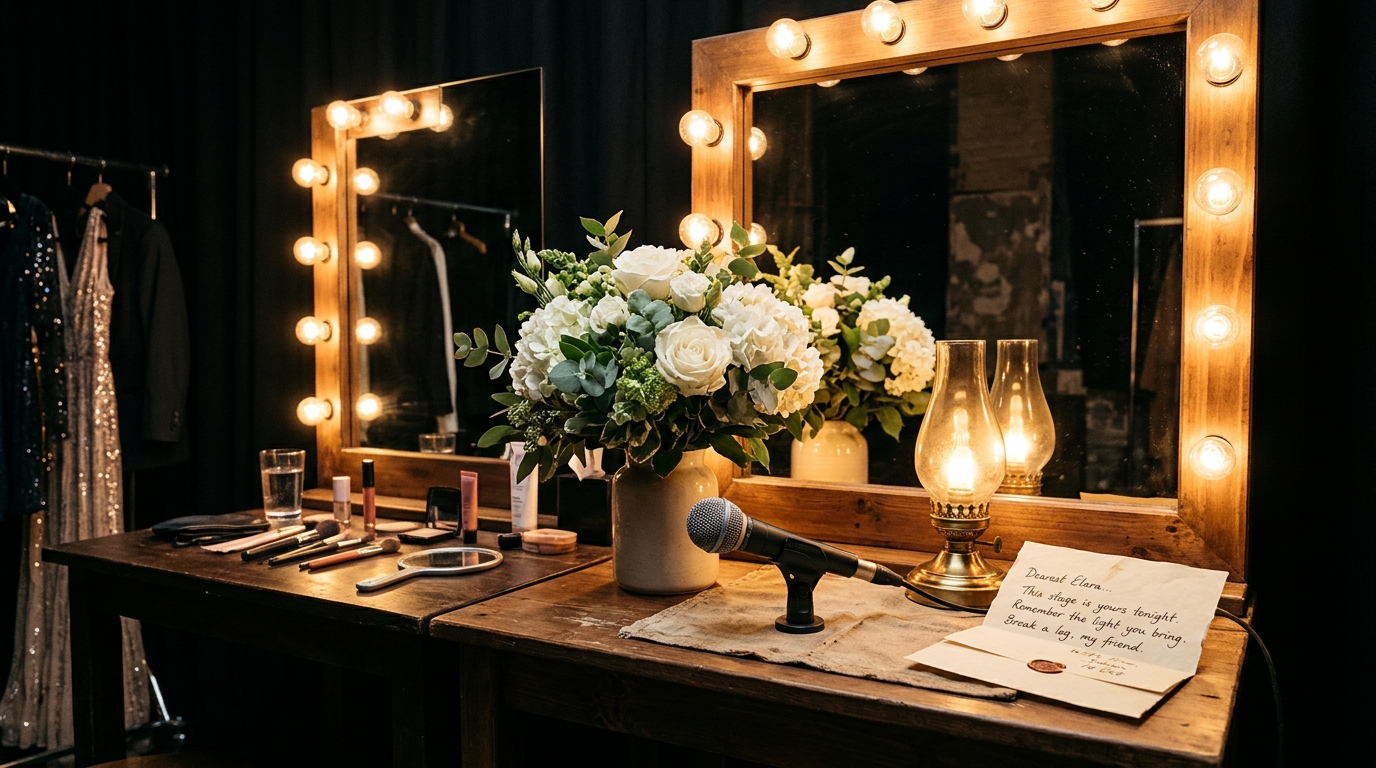 Table de loge avec fleurs, micro et lettre pliée