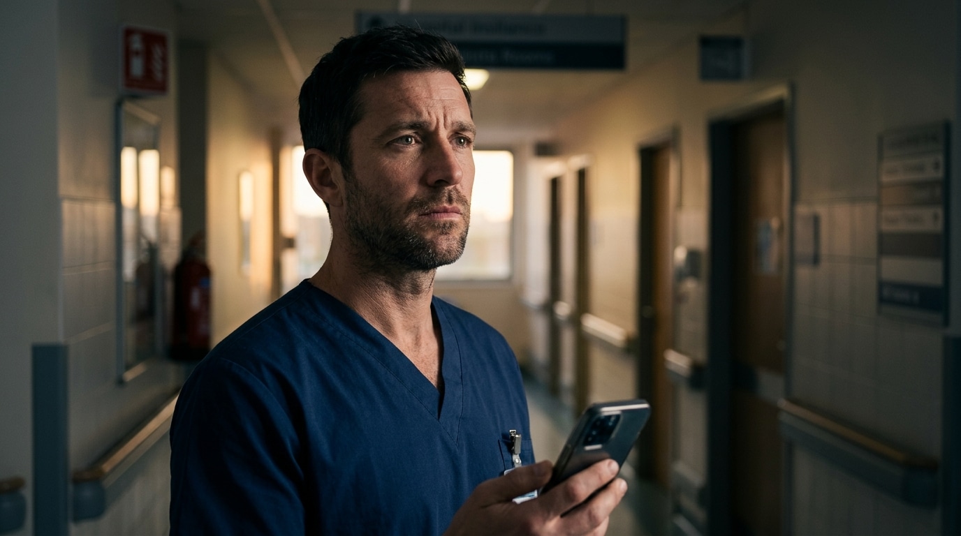 Anesthésiste inquiet tenant son smartphone dans un couloir d'hôpital