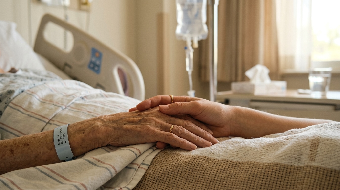 Main d'un proche serrant celle d'une patiente âgée sous perfusion